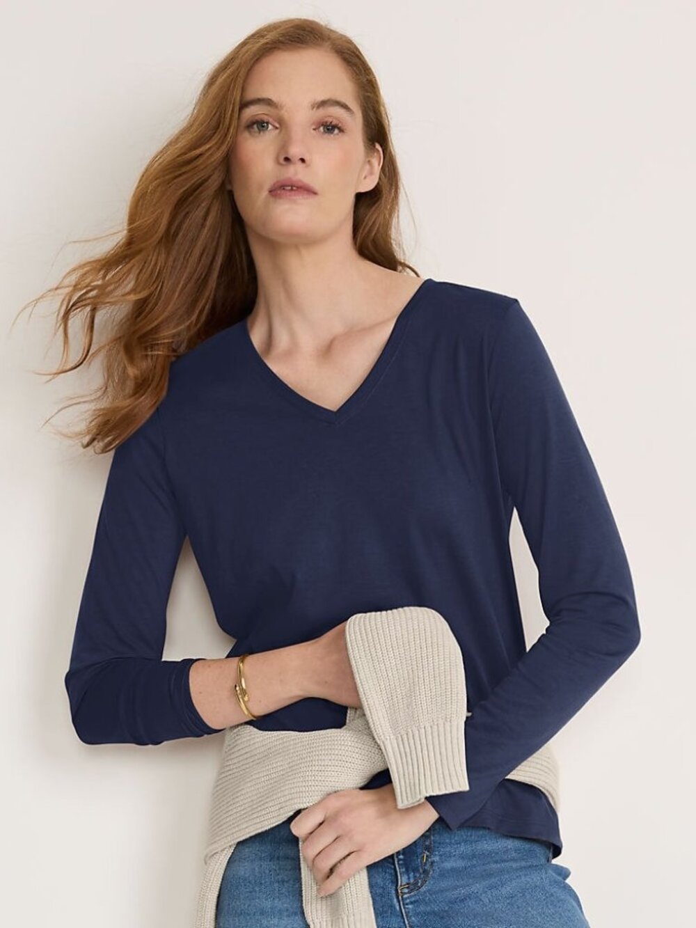 2/$30 Lands' End Women's Supima Long Sleeved V-neck T-shirt Radiant Navy #A5032